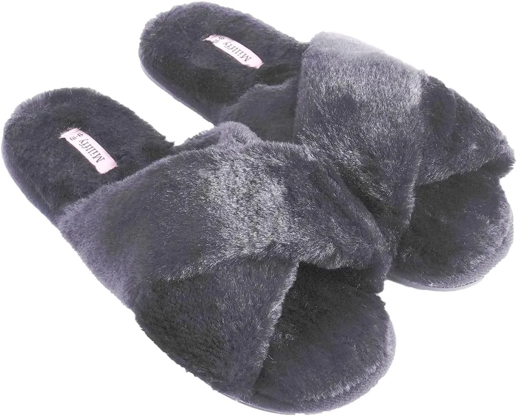 Millffy Fuzzy Fluffy Open Toe Slippers for Summer Warm Comfy flip Flop Slippers for Women Slip on