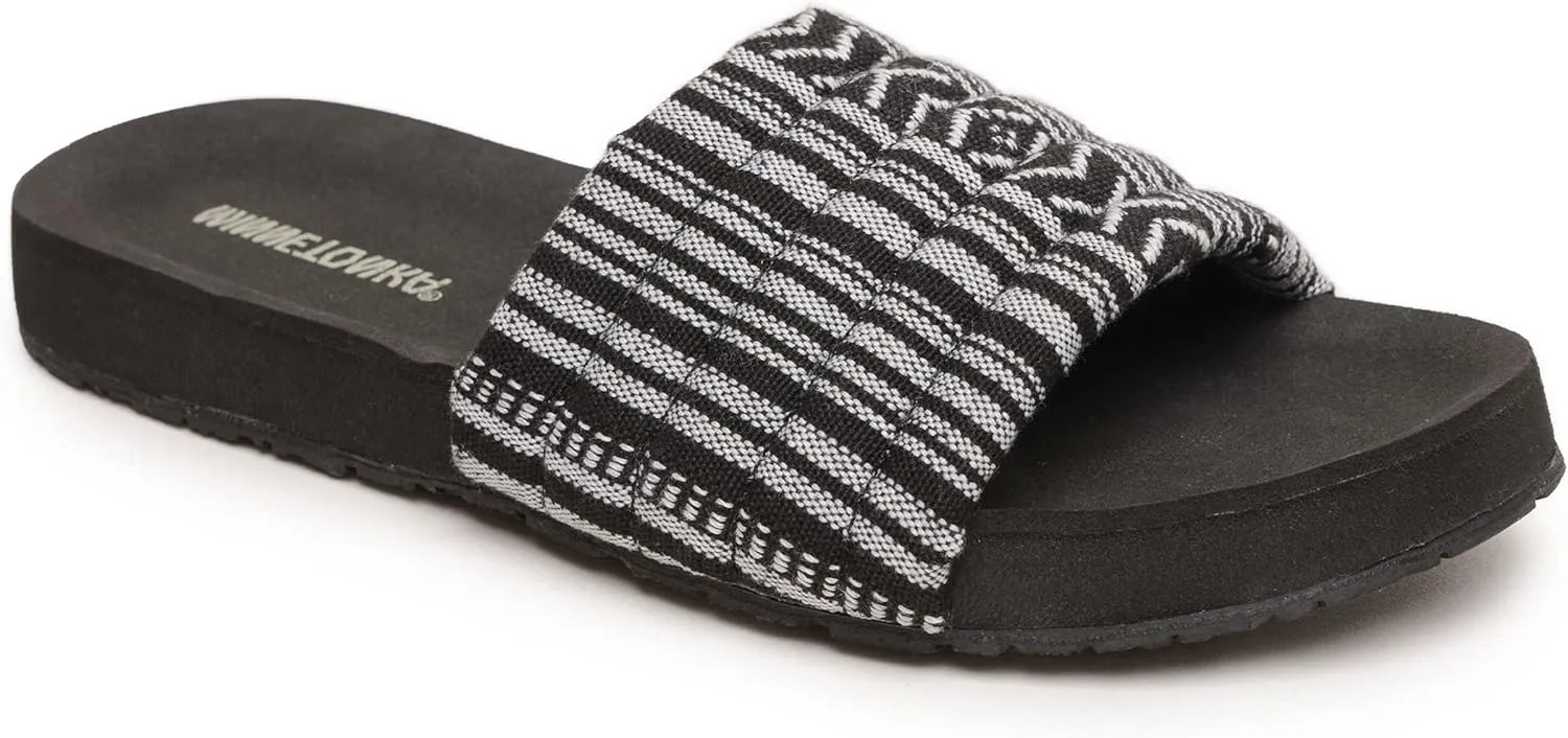 Minnetonka Heidi - Comfy Slides for Women Featuring Vibrant Fabric Print Design, Classic Slip-On Style, Contoured EVA Footbed, Rubber Outsole, and Fabric Upper