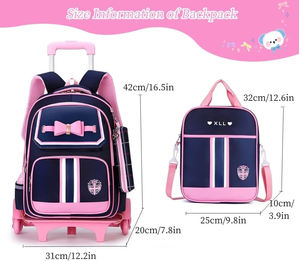 MITOWERMI Rolling Backpack for Girls Cute Trolley Bags Primary School Bookbags with Wheels Kids Carry-On Wheeled Backpack with Lunch Bag
