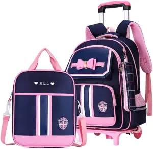 MITOWERMI Rolling Backpack for Girls Cute Trolley Bags Primary School Bookbags with Wheels Kids Carry-On Wheeled Backpack with Lunch Bag