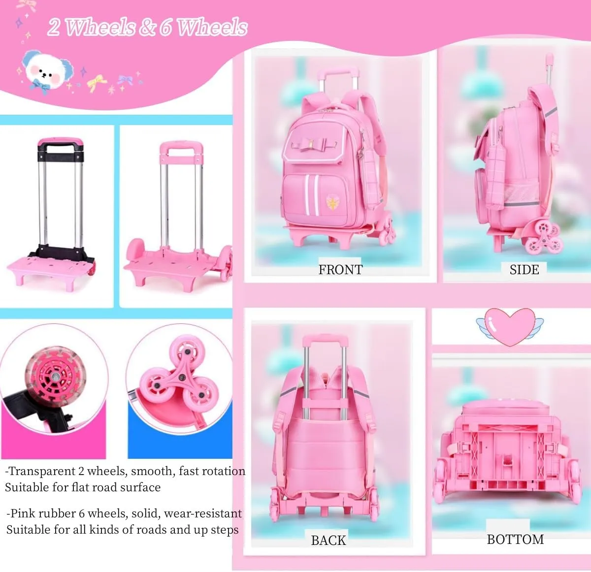 MITOWERMI Rolling Backpack for Girls Cute Trolley Bags Primary School Bookbags with Wheels Kids Carry-On Wheeled Backpack with Lunch Bag