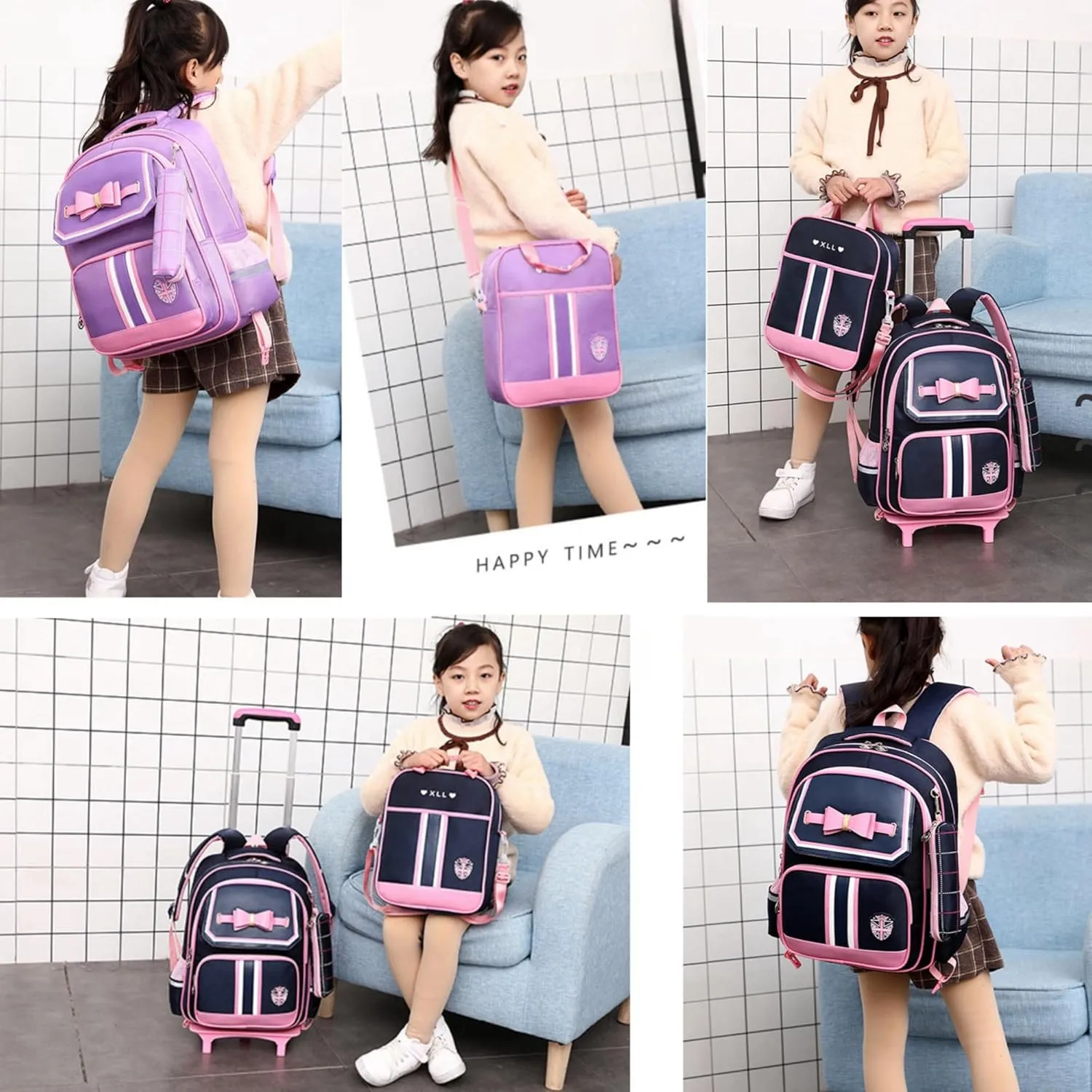 MITOWERMI Rolling Backpack for Girls Cute Trolley Bags Primary School Bookbags with Wheels Kids Carry-On Wheeled Backpack with Lunch Bag