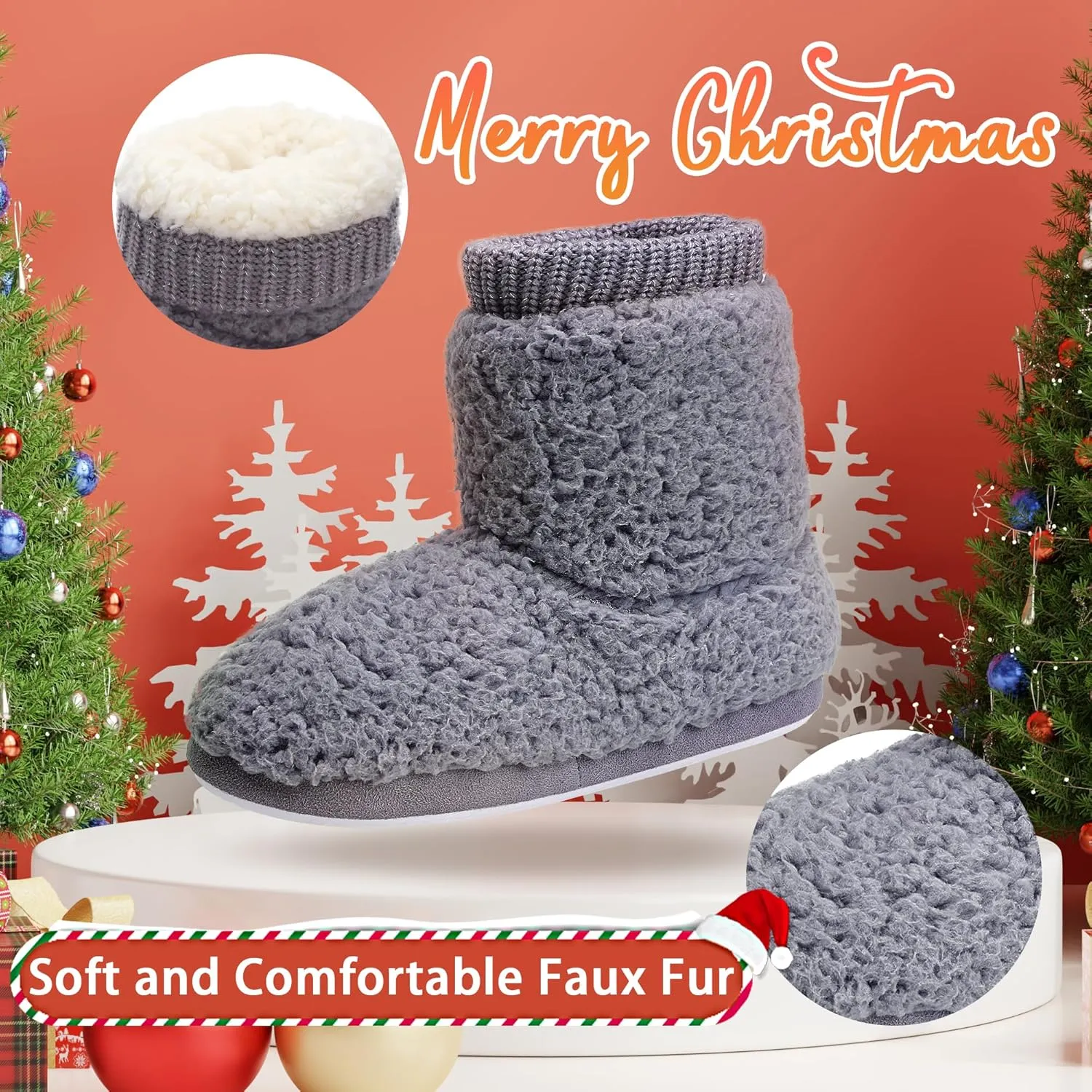 MIXIN Women's Comfort Warm Faux Fleece Fuzzy Ankle Bootie Slippers Plush Lining Slip-on House Shoes Anti-Slip Sole Indoor/Outdoor