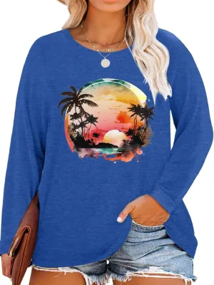 MK Shop Limited Womens Plus Size Tops Cute Graphic Vintage Sunrise Sunset Print Long Sleeve Natura Tees Fall O Neck Shirts