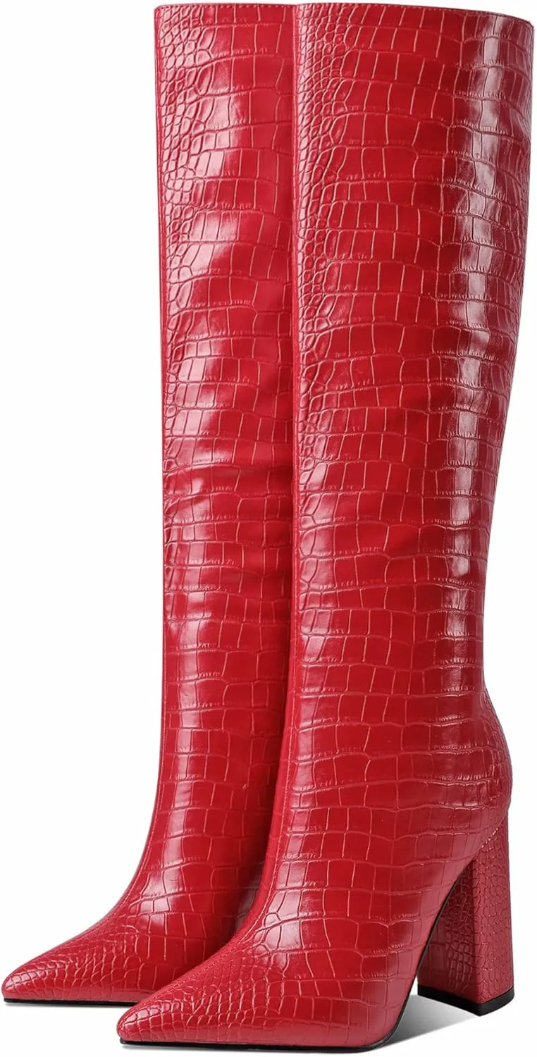 MODENCOCO Women's Animal Print Slip On Matte Pointed Toe Block High Heel Knee High Crocodile Boots 4 Inch