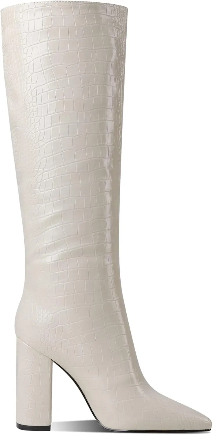 MODENCOCO Women's Animal Print Slip On Matte Pointed Toe Block High Heel Knee High Crocodile Boots 4 Inch