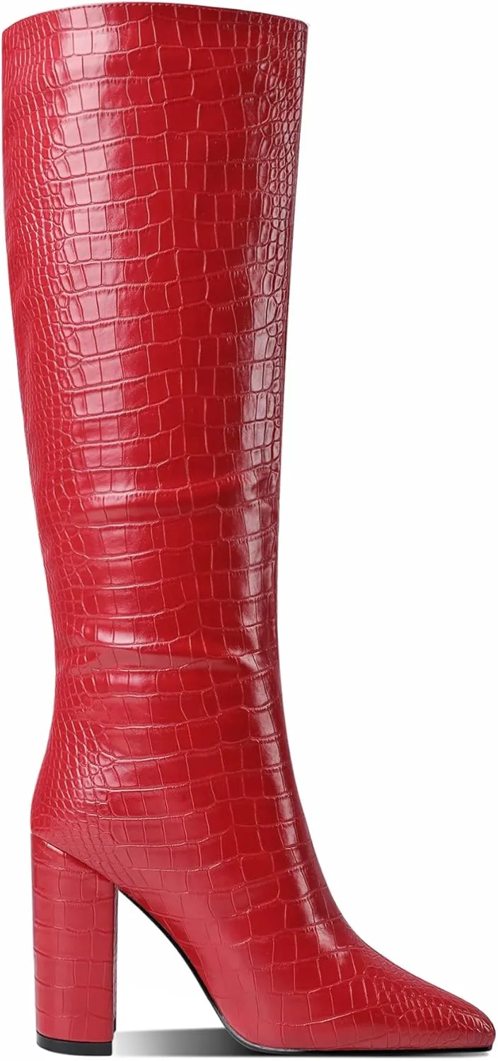 MODENCOCO Women's Animal Print Slip On Matte Pointed Toe Block High Heel Knee High Crocodile Boots 4 Inch