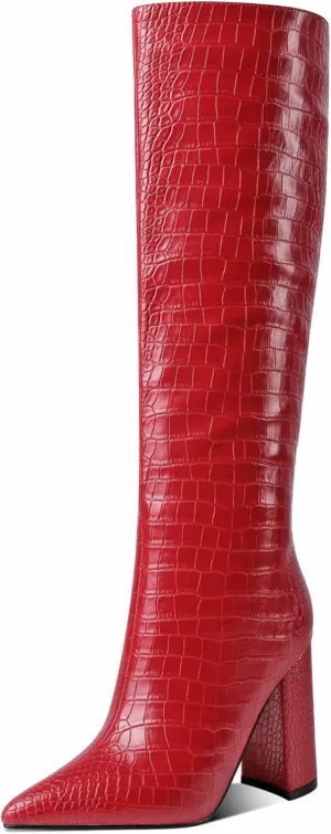 MODENCOCO Women's Animal Print Slip On Matte Pointed Toe Block High Heel Knee High Crocodile Boots 4 Inch