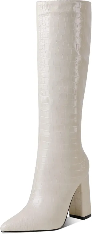 MODENCOCO Women's Animal Print Slip On Matte Pointed Toe Block High Heel Knee High Crocodile Boots 4 Inch