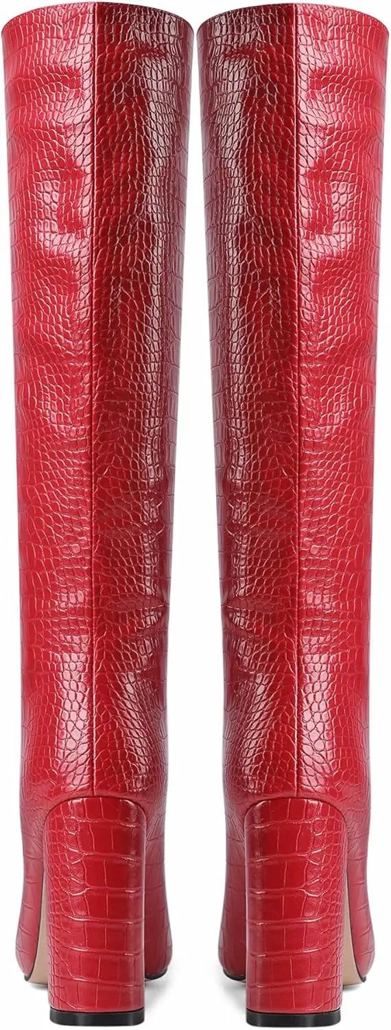 MODENCOCO Women's Animal Print Slip On Matte Pointed Toe Block High Heel Knee High Crocodile Boots 4 Inch