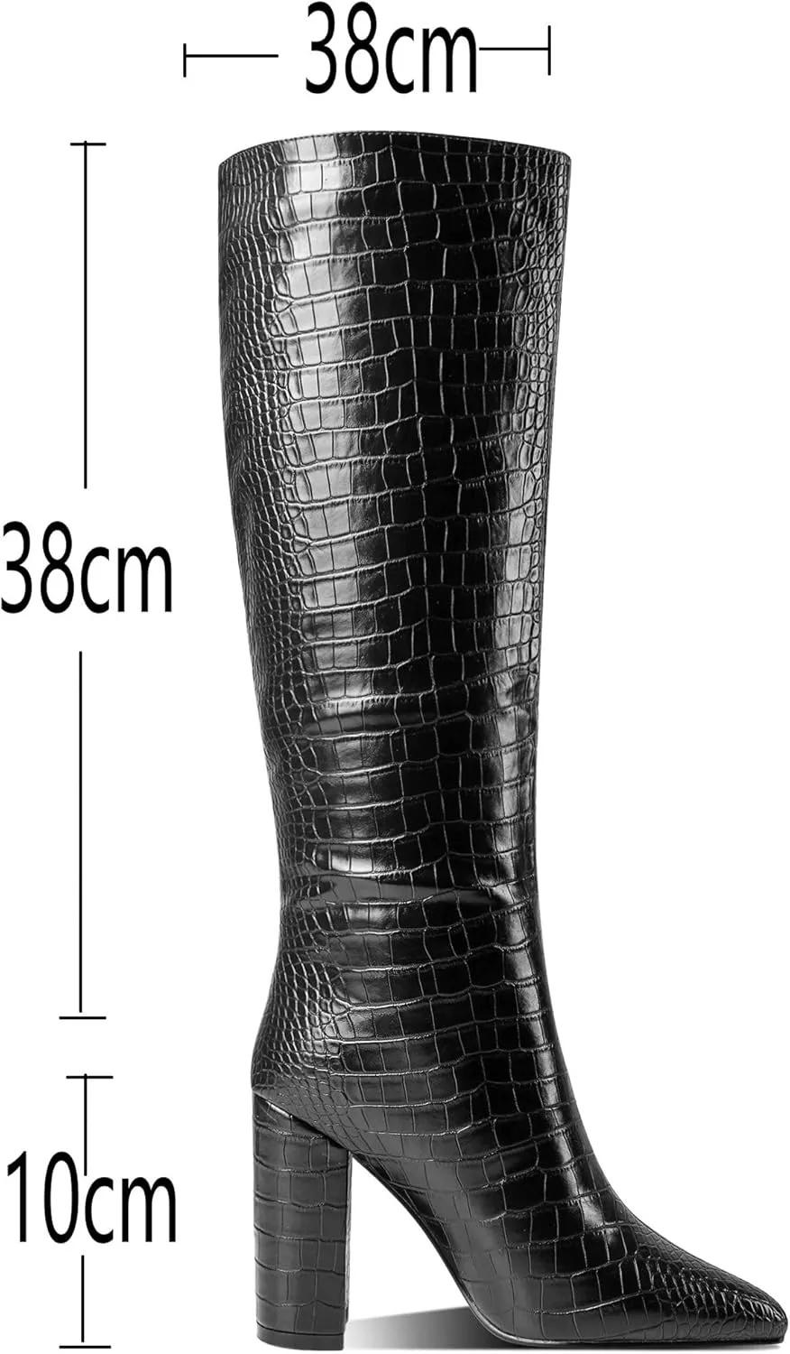 MODENCOCO Women's Animal Print Slip On Matte Pointed Toe Block High Heel Knee High Crocodile Boots 4 Inch