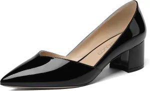 MODENCOCO Women's Patent Slip On Pointed Toe Cut Out Chunky Low Heel Pumps Shoes 2 Inch
