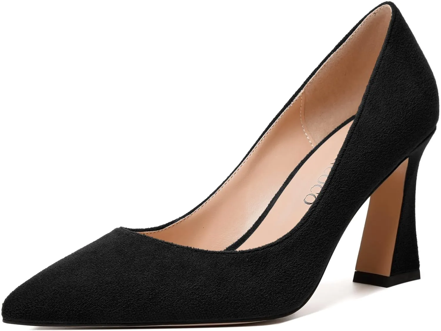 MODENCOCO Womens Slip On Solid Office Sexy Pointed Toe Fashion Suede Block High Heel Pumps Dress Shoes 3.5 Inch