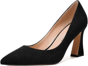 MODENCOCO Womens Slip On Solid Office Sexy Pointed Toe Fashion Suede Block High Heel Pumps Dress Shoes 3.5 Inch