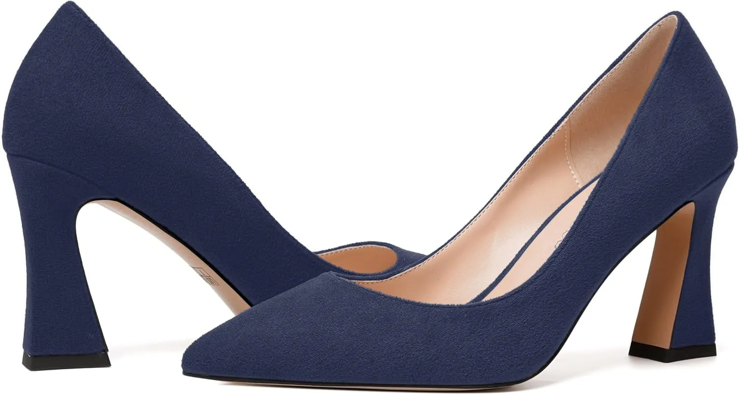 MODENCOCO Womens Slip On Solid Office Sexy Pointed Toe Fashion Suede Block High Heel Pumps Dress Shoes 3.5 Inch