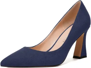 MODENCOCO Womens Slip On Solid Office Sexy Pointed Toe Fashion Suede Block High Heel Pumps Dress Shoes 3.5 Inch