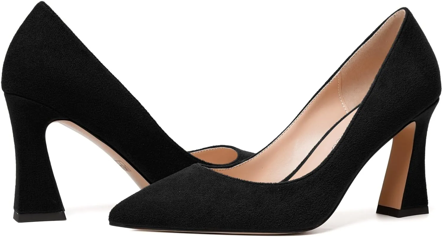 MODENCOCO Womens Slip On Solid Office Sexy Pointed Toe Fashion Suede Block High Heel Pumps Dress Shoes 3.5 Inch
