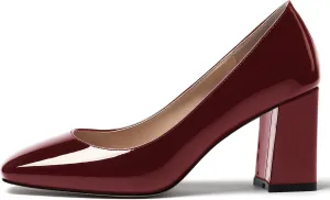 MODENCOCO Women's Thick Square Toe Patent Slip On Solid Block High Heel Pumps Shoes 3 Inch