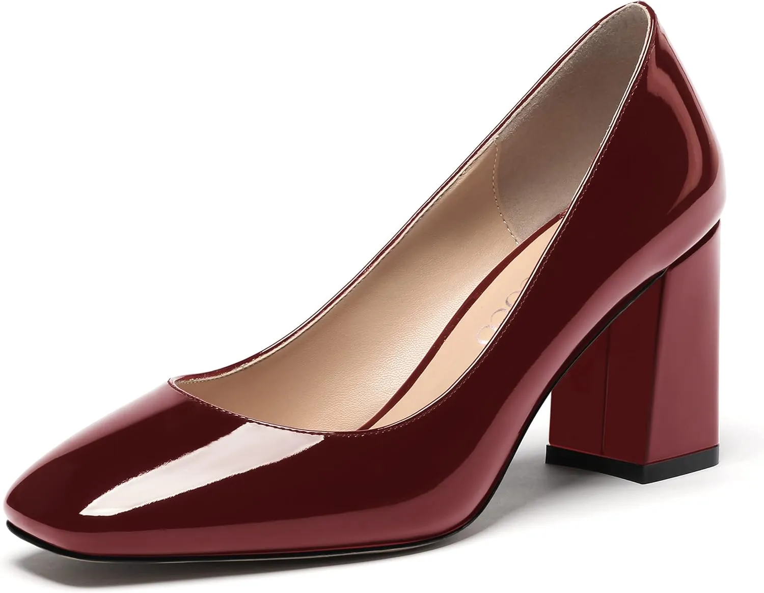 MODENCOCO Women's Thick Square Toe Patent Slip On Solid Block High Heel Pumps Shoes 3 Inch
