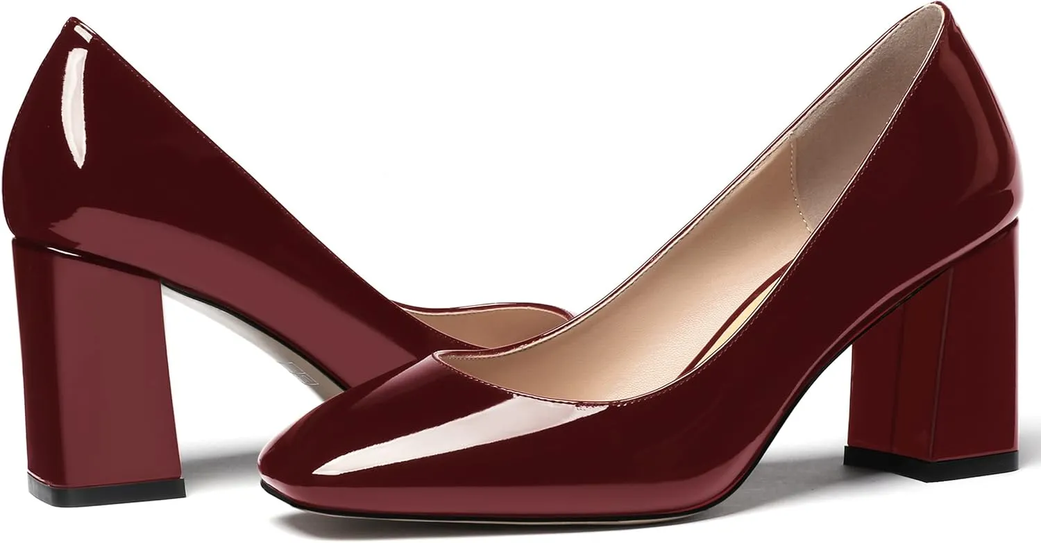 MODENCOCO Women's Thick Square Toe Patent Slip On Solid Block High Heel Pumps Shoes 3 Inch