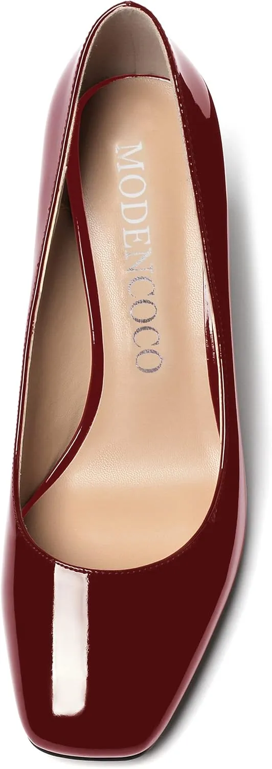 MODENCOCO Women's Thick Square Toe Patent Slip On Solid Block High Heel Pumps Shoes 3 Inch