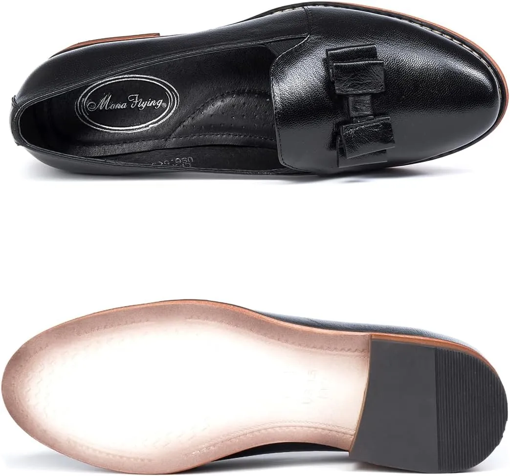 Mona flying Women's Leather Bow Penny Loafer Business Casual Slip on Flat Office Work Shoes for Ladies
