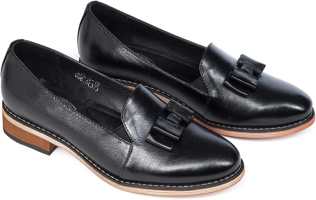 Mona flying Women's Leather Bow Penny Loafer Business Casual Slip on Flat Office Work Shoes for Ladies