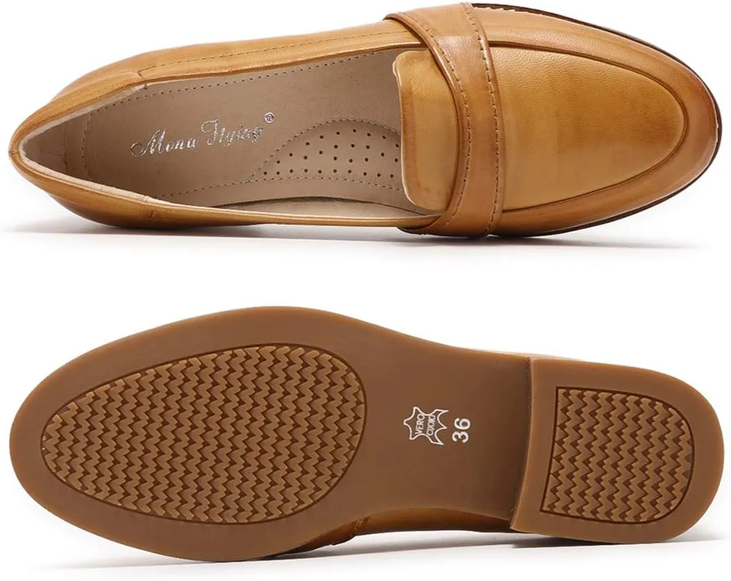 Mona flying Women's Leather Dress Penny Loafers Slip On Flats Office Ladies Casual Shoes