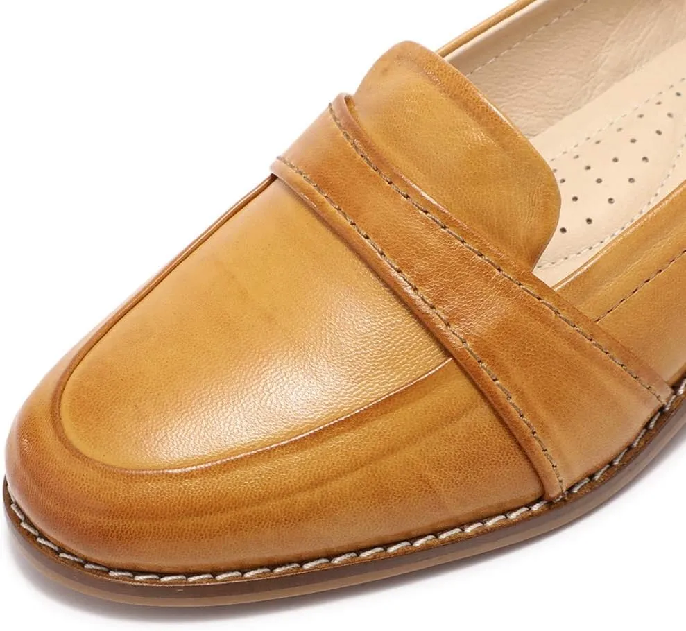 Mona flying Women's Leather Dress Penny Loafers Slip On Flats Office Ladies Casual Shoes