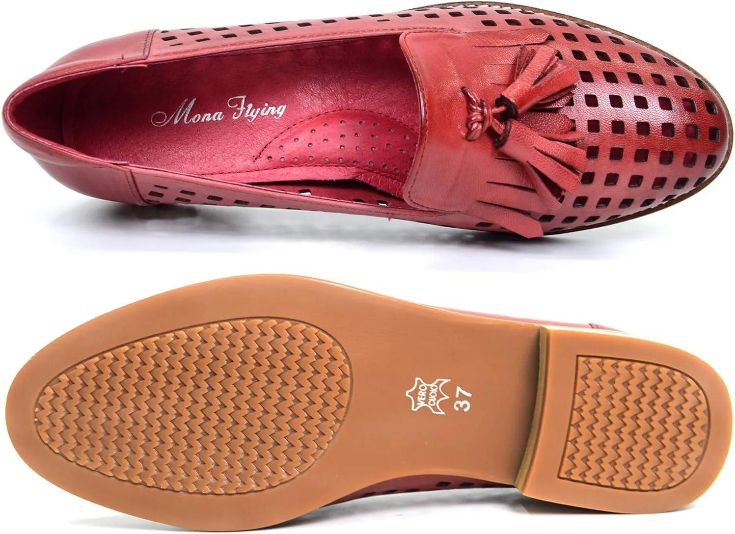 Mona flying Women's Leather Tassel Loafers Slip On Flats Office Ladies Casual Shoes