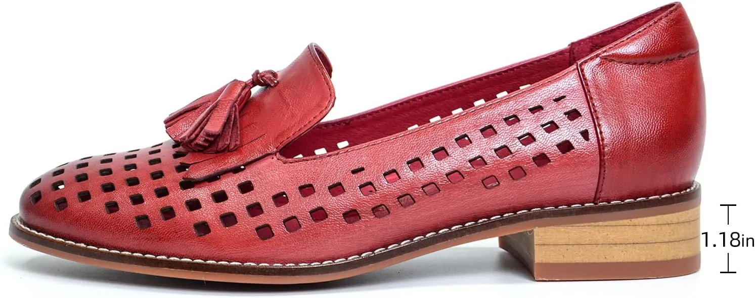 Mona flying Women's Leather Tassel Loafers Slip On Flats Office Ladies Casual Shoes