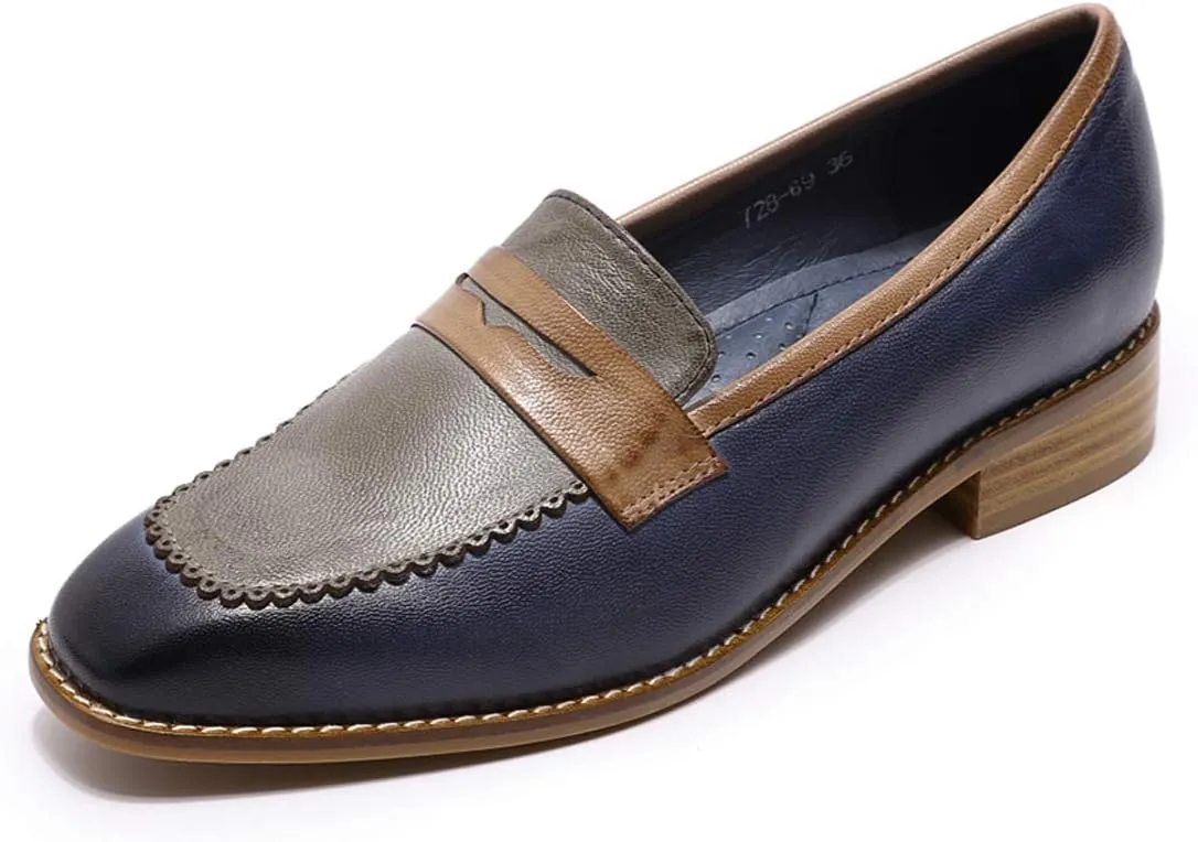 Mona flying Women's Top Leather Square Toe Penny Loafer Dress Casual Slip on Flat Office Work Shoes for Ladies