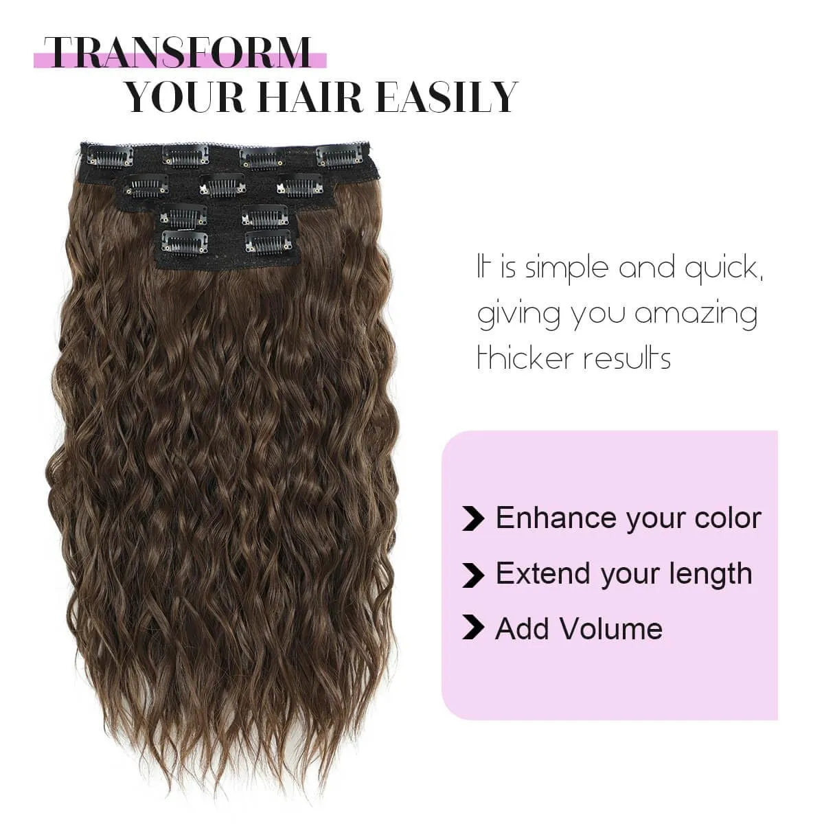 MORICHY Clip in Hair Extensions - Wavy Curly Mermaid Waves Seamless 4PCS Brown 16'' Synthetic Hair Pieces for Women