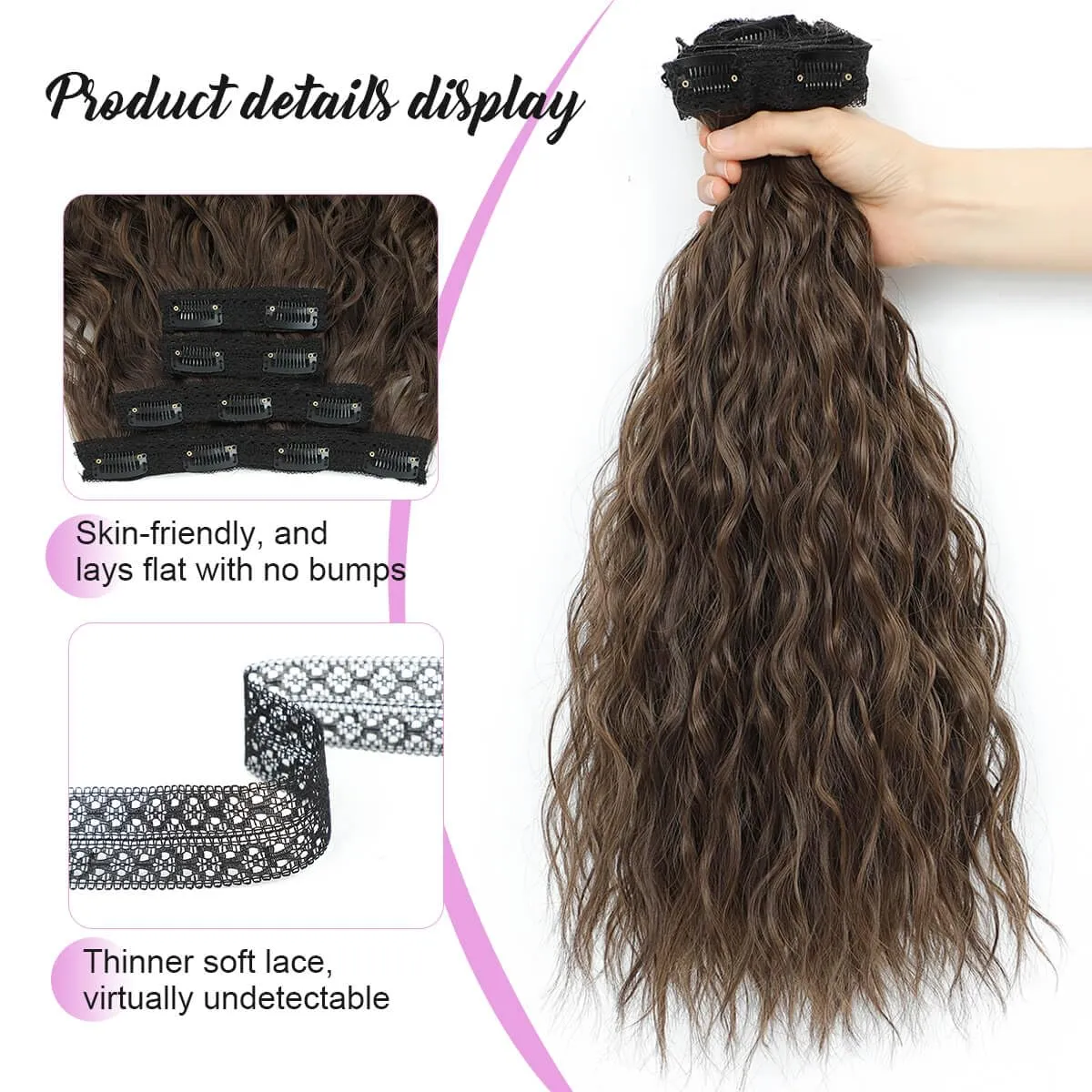 MORICHY Clip in Hair Extensions - Wavy Curly Mermaid Waves Seamless 4PCS Brown 16'' Synthetic Hair Pieces for Women