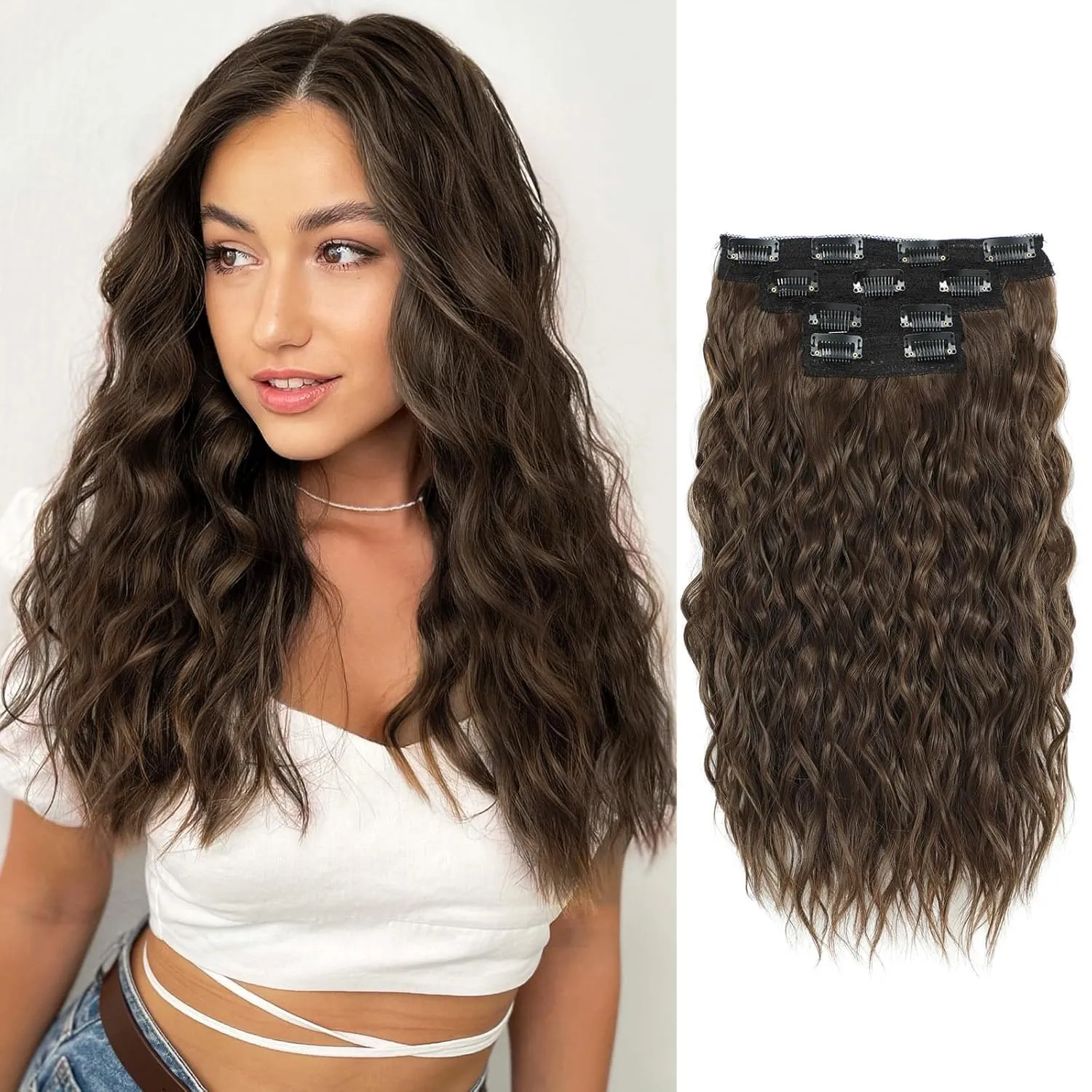MORICHY Clip in Hair Extensions - Wavy Curly Mermaid Waves Seamless 4PCS Brown 16'' Synthetic Hair Pieces for Women