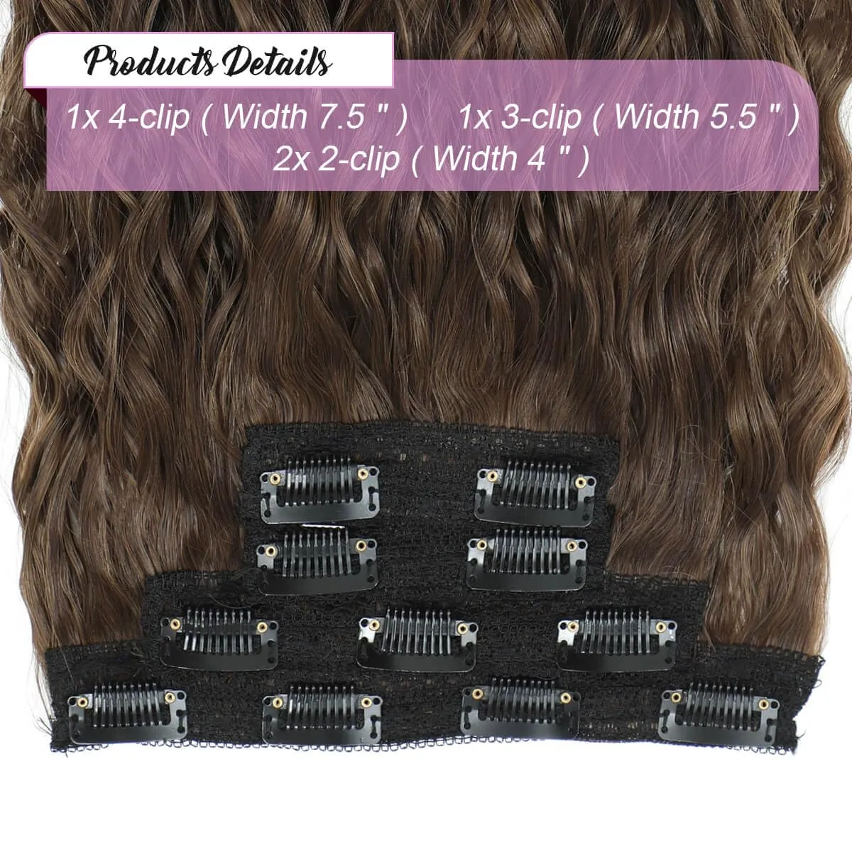 MORICHY Clip in Hair Extensions - Wavy Curly Mermaid Waves Seamless 4PCS Brown 16'' Synthetic Hair Pieces for Women