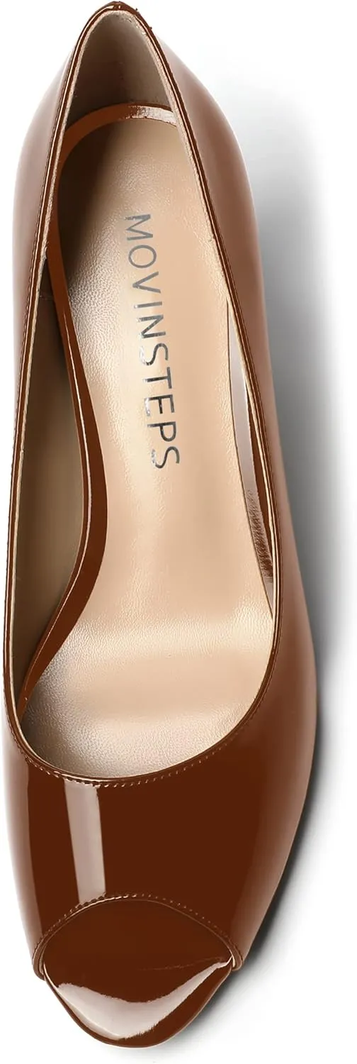MOVINSTEPS Womens Peep Toe Dating Dress Patent Slip On Open Toe Stiletto Mid Heel Pumps Shoes 2.5 Inch