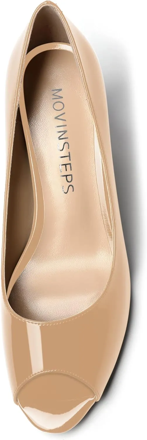 MOVINSTEPS Womens Peep Toe Dating Dress Patent Slip On Open Toe Stiletto Mid Heel Pumps Shoes 2.5 Inch