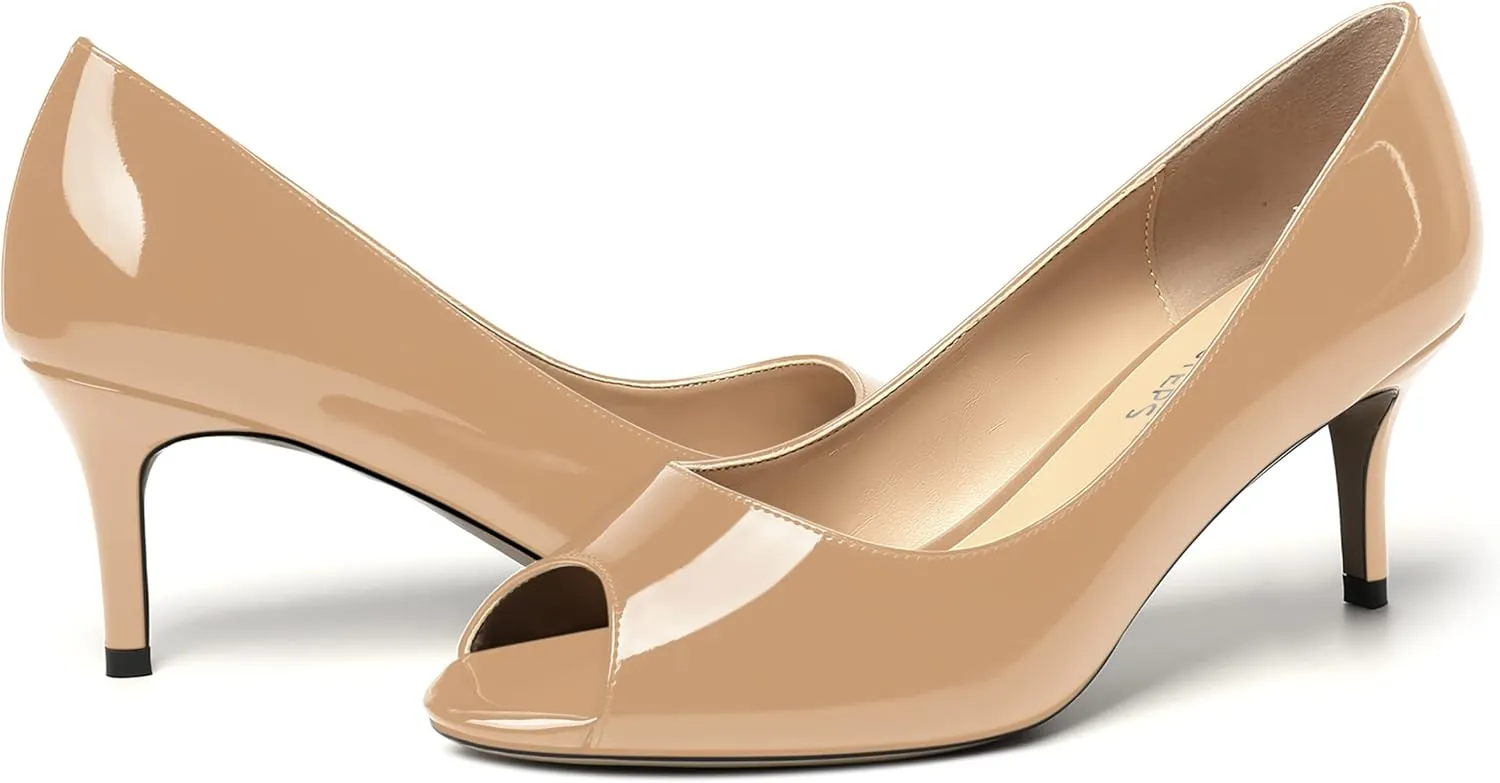 MOVINSTEPS Womens Peep Toe Dating Dress Patent Slip On Open Toe Stiletto Mid Heel Pumps Shoes 2.5 Inch