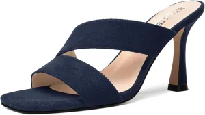 MOVINSTEPS Womens Solid Casual Slip On Suede Dating Square Toe Spool High Heel Heeled Sandals 3.3 Inch