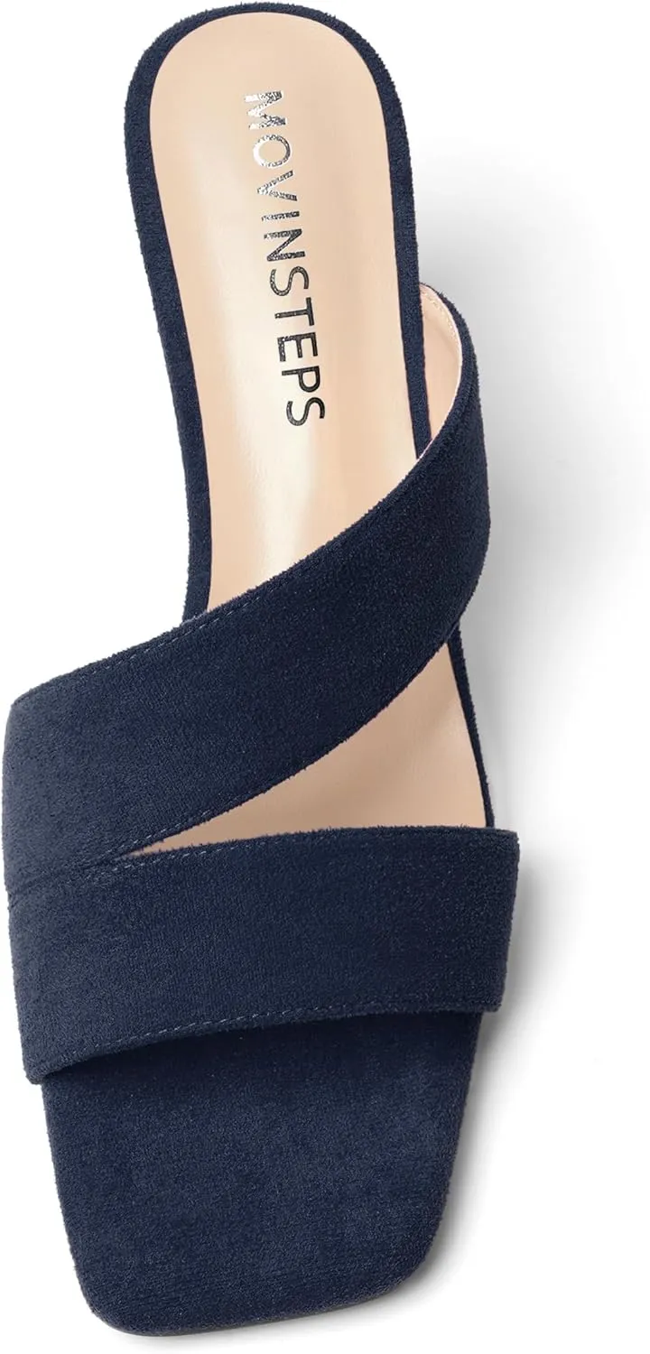 MOVINSTEPS Womens Solid Casual Slip On Suede Dating Square Toe Spool High Heel Heeled Sandals 3.3 Inch