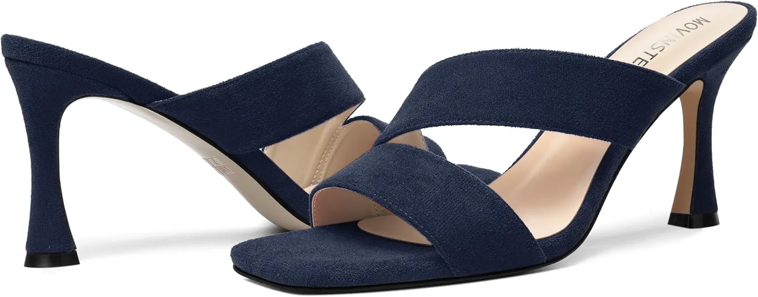MOVINSTEPS Womens Solid Casual Slip On Suede Dating Square Toe Spool High Heel Heeled Sandals 3.3 Inch
