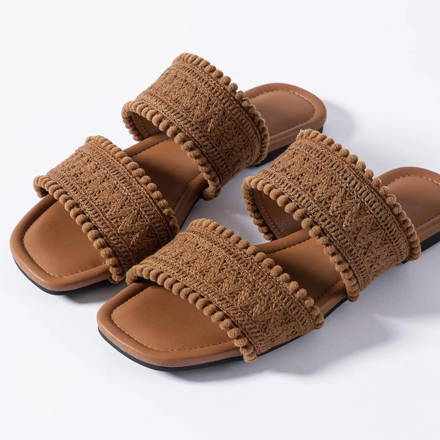 Mtzyoa Women's Sandals Casual Braided Dressy Summer Square Toe Quilted Flat Sandals