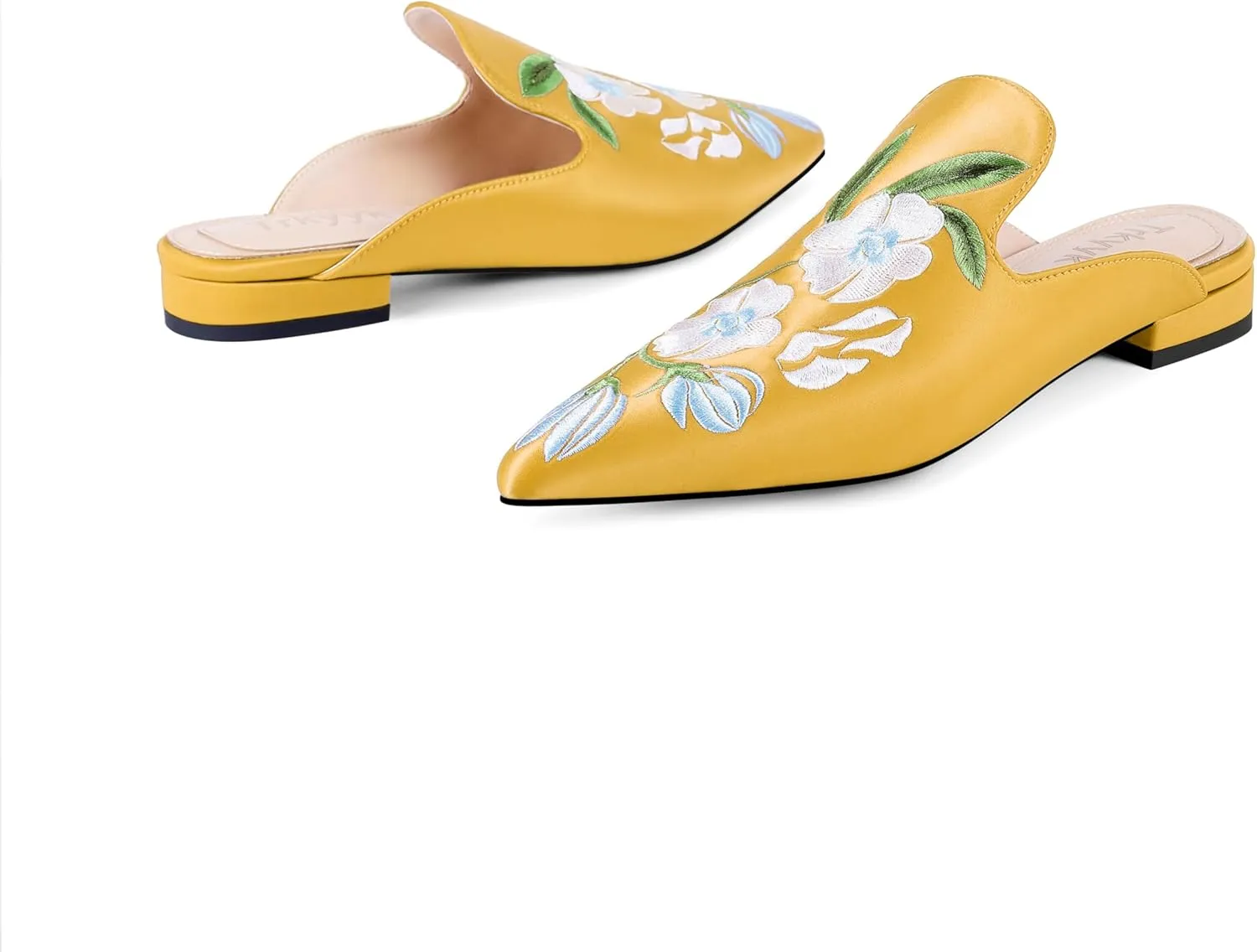Mules for Women Pointed Toe Embroidered Shoes Satin Comfortable Flats Backless Loafers