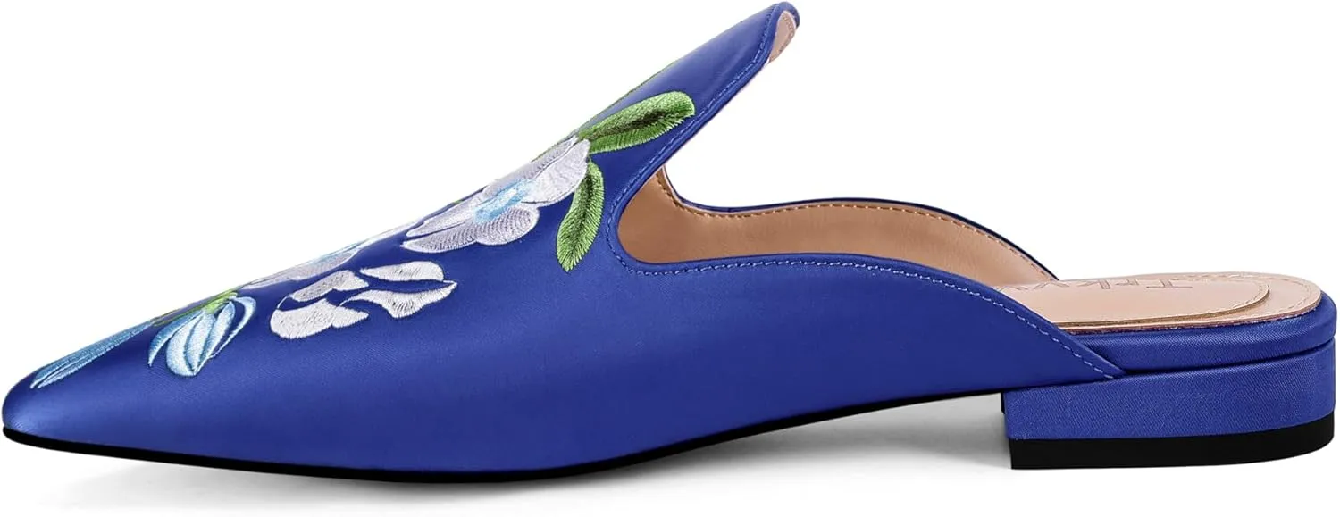 Mules for Women Pointed Toe Embroidered Shoes Satin Comfortable Flats Backless Loafers
