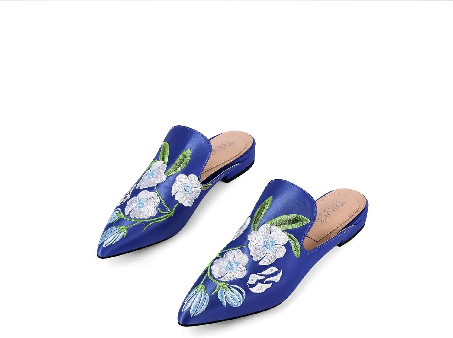 Mules for Women Pointed Toe Embroidered Shoes Satin Comfortable Flats Backless Loafers