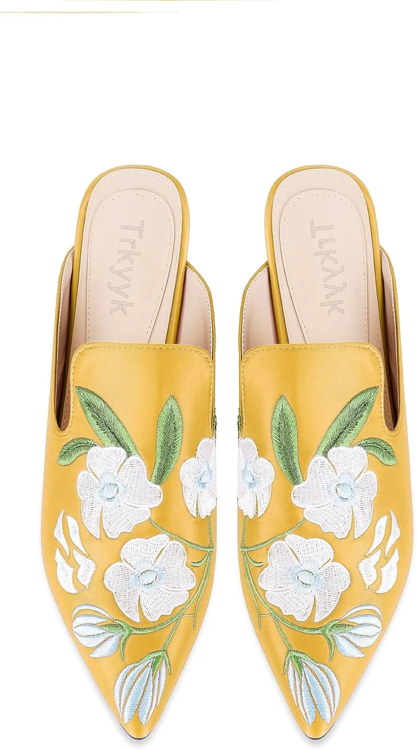Mules for Women Pointed Toe Embroidered Shoes Satin Comfortable Flats Backless Loafers