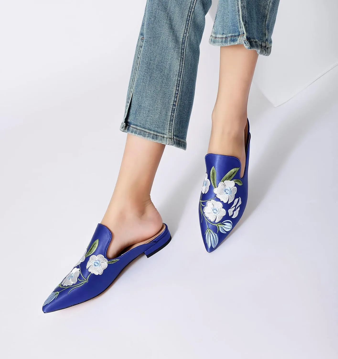 Mules for Women Pointed Toe Embroidered Shoes Satin Comfortable Flats Backless Loafers