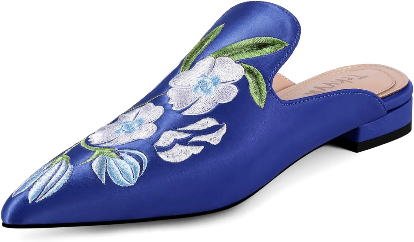 Mules for Women Pointed Toe Embroidered Shoes Satin Comfortable Flats Backless Loafers