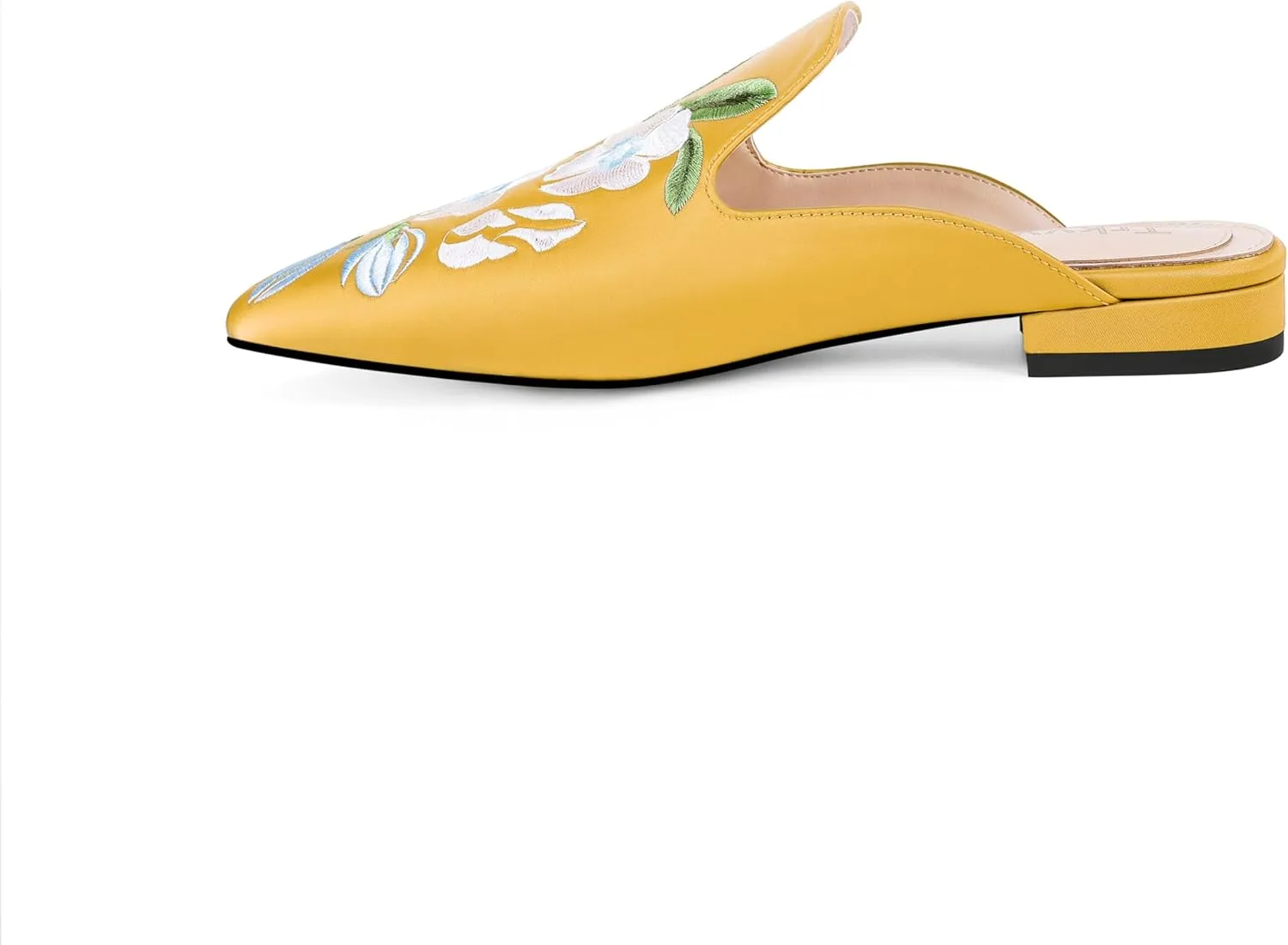 Mules for Women Pointed Toe Embroidered Shoes Satin Comfortable Flats Backless Loafers